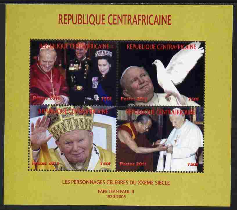 Central African Republic 2011 Pope John Paul II #2 perf sheetlet containing 4 values unmounted mint. Note this item is privately produced and is offered purely on its thematic appeal, stamps on , stamps on  stamps on personalities, stamps on  stamps on pope, stamps on  stamps on popes, stamps on  stamps on religion, stamps on  stamps on royalty