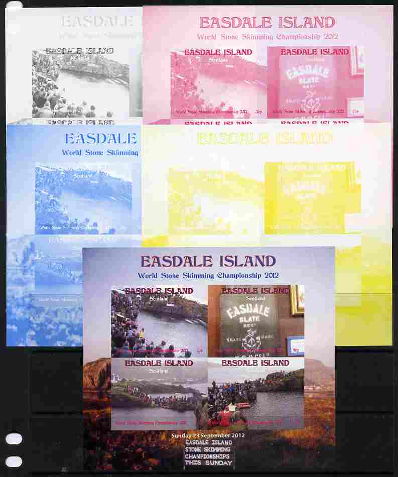 Easdale 2011 World Stone Skimming Championships sheetlet containing 4 values - the set of 5 imperf progressive proofs comprising the 4 individual colours plus all 4-colou..., stamps on sport, stamps on minerals