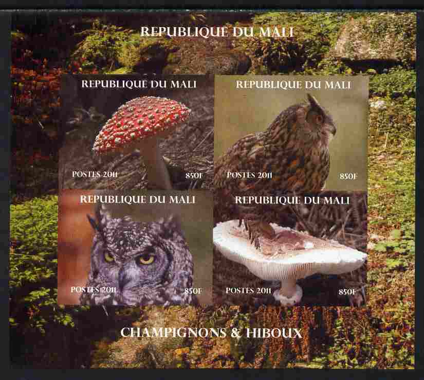 Mali 2011 Mushrooms & Owls imperf sheetlet containing 4 values unmounted mint. Note this item is privately produced and is offered purely on its thematic appeal, it has n..., stamps on fungi, stamps on birds, stamps on birds of prey, stamps on owls