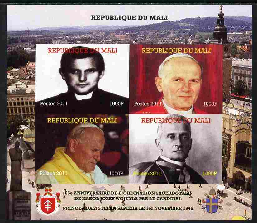 Mali 2011 Pope John Paul II #1 imperf sheetlet containing 4 values unmounted mint. Note this item is privately produced and is offered purely on its thematic appeal, it has no postal validity, stamps on personalities, stamps on pope, stamps on popes, stamps on religion, stamps on 