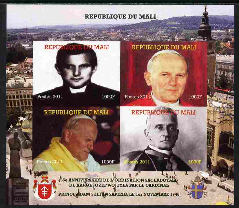 Mali 2011 Pope John Paul II #1 imperf sheetlet containing 4 values unmounted mint. Note this item is privately produced and is offered purely on its thematic appeal, it has no postal validity, stamps on , stamps on  stamps on personalities, stamps on  stamps on pope, stamps on  stamps on popes, stamps on  stamps on religion, stamps on  stamps on 