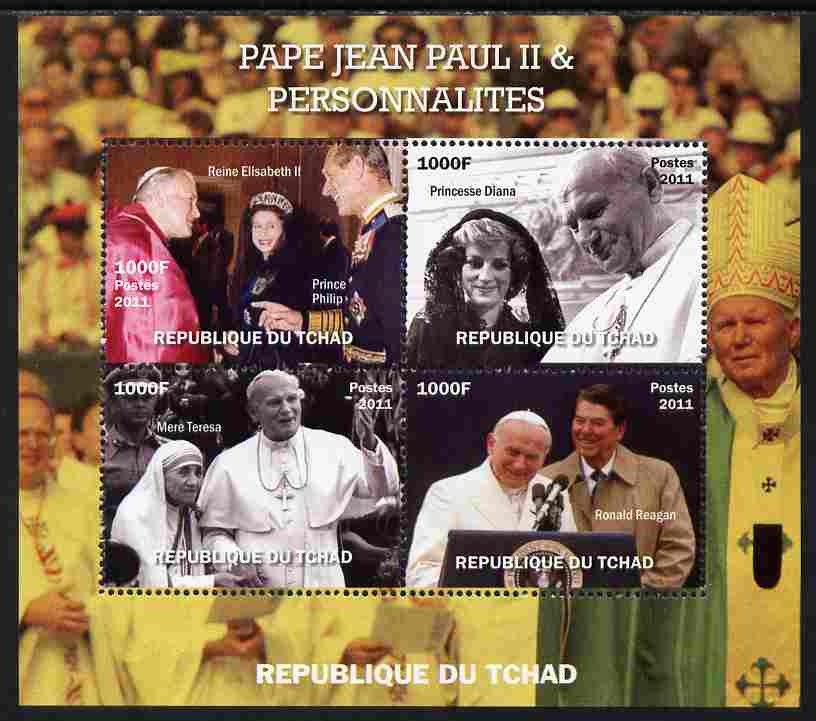 Chad 2011 Pope John Paul II & Personalities perf sheetlet containing 4 values unmounted mint. Note this item is privately produced and is offered purely on its thematic a..., stamps on personalities, stamps on pope, stamps on popes, stamps on religion, stamps on reagan, stamps on usa presidents, stamps on americana, stamps on diana, stamps on royalty, stamps on teresa
