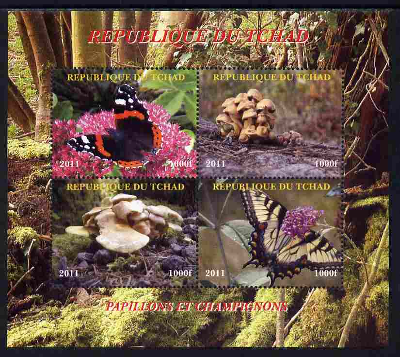 Chad 2011 Butterflies & Mushrooms perf sheetlet containing 4 values unmounted mint. Note this item is privately produced and is offered purely on its thematic appeal, stamps on butterflies, stamps on fungi