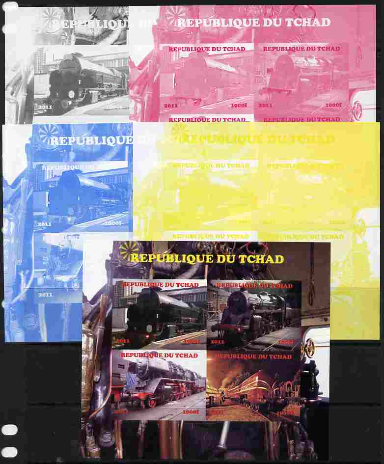 Chad 2011 Steam Locomotives #1 sheetlet containing 4 values - the set of 5 imperf progressive proofs comprising the 4 individual colours plus all 4-colour composite, unmo..., stamps on railways