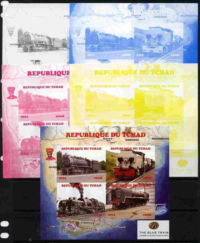 Chad 2011 Steam Locomotives #2 sheetlet containing 4 values - the set of 5 imperf progressive proofs comprising the 4 individual colours plus all 4-colour composite, unmo..., stamps on railways