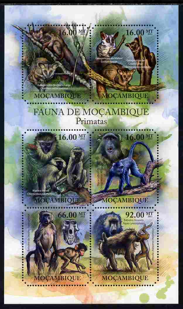 Mozambique 2011 Primates perf sheetlet containing 6 octagonal shaped values unmounted mint, stamps on , stamps on  stamps on shaped, stamps on  stamps on animals, stamps on  stamps on apes, stamps on  stamps on monkeys