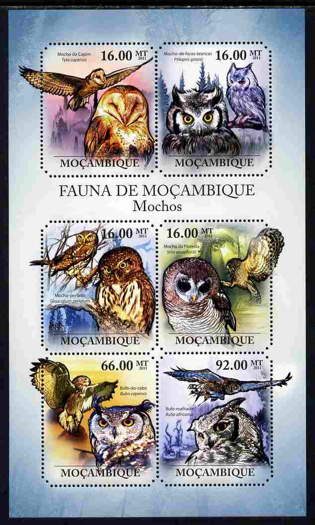 Mozambique 2011 Owls perf sheetlet containing 6 octagonal shaped values unmounted mint, stamps on , stamps on  stamps on shaped, stamps on  stamps on birds, stamps on  stamps on birds of prey, stamps on  stamps on owls