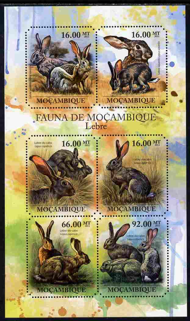 Mozambique 2011 Hares perf sheetlet containing 6 octagonal shaped values unmounted mint, stamps on , stamps on  stamps on shaped, stamps on  stamps on animals, stamps on  stamps on hares