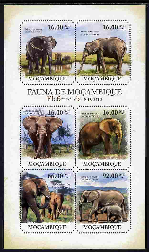 Mozambique 2011 Elephants perf sheetlet containing 6 octagonal shaped values unmounted mint, stamps on , stamps on  stamps on shaped, stamps on  stamps on animals, stamps on  stamps on elephants