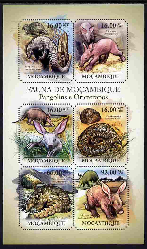 Mozambique 2011 Pangolins & Aardvarks perf sheetlet containing 6 octagonal shaped values unmounted mint, stamps on shaped, stamps on animals, stamps on pangolins, stamps on aardvarks