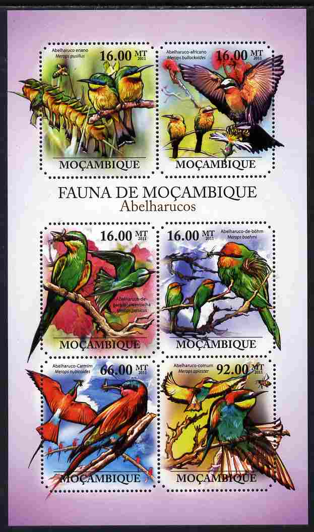 Mozambique 2011 Bee Eaters perf sheetlet containing 6 octagonal shaped values unmounted mint, stamps on , stamps on  stamps on shaped, stamps on  stamps on birds, stamps on  stamps on bee eaters, stamps on  stamps on bees