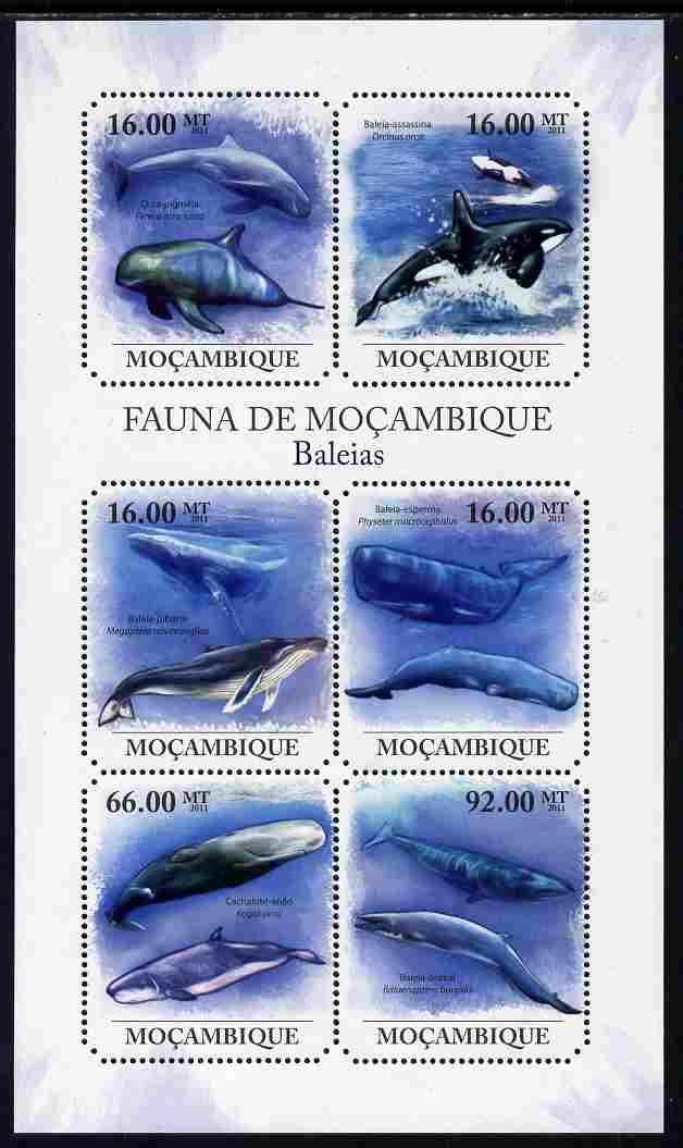 Mozambique 2011 Whales perf sheetlet containing 6 octagonal shaped values unmounted mint, stamps on shaped, stamps on animals, stamps on whales, stamps on marine life