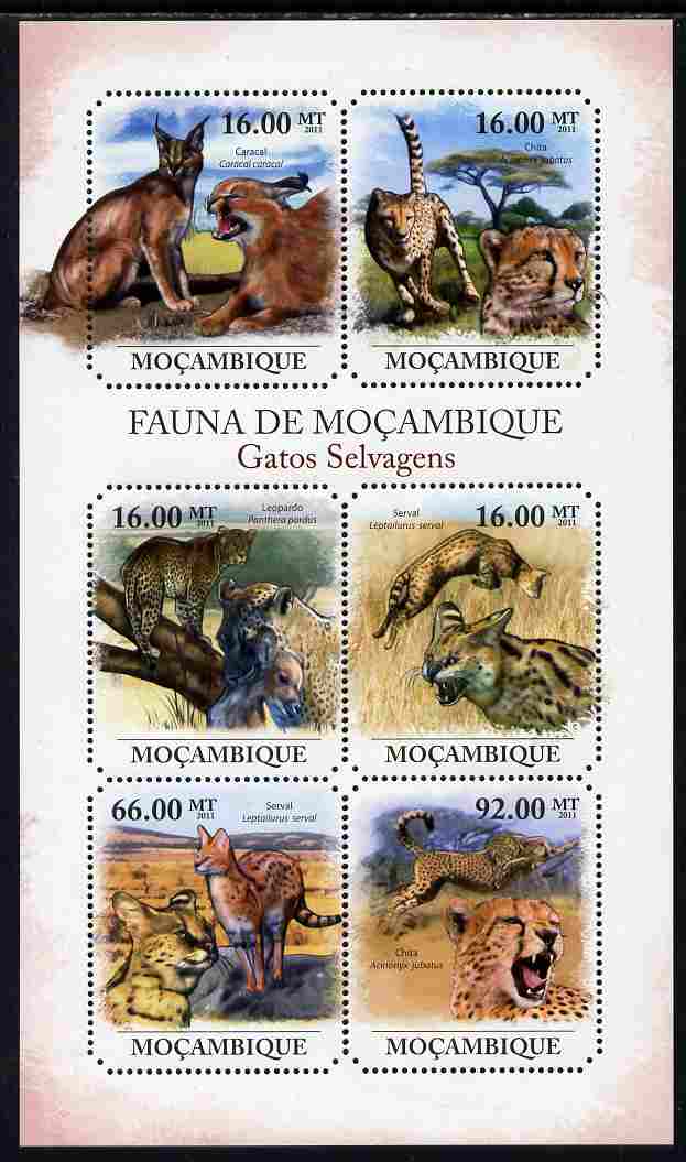 Mozambique 2011 Wild Cats perf sheetlet containing 6 octagonal shaped values unmounted mint, stamps on , stamps on  stamps on shaped, stamps on  stamps on animals, stamps on  stamps on cats, stamps on  stamps on leopards, stamps on  stamps on 