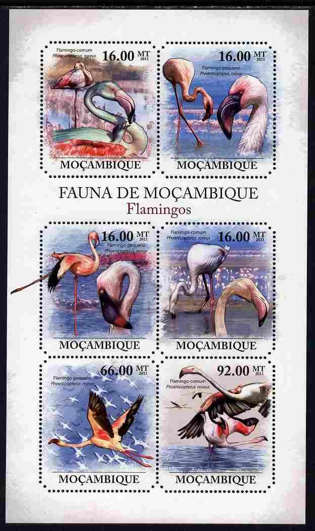 Mozambique 2011 Flamingos perf sheetlet containing 6 octagonal shaped values unmounted mint, stamps on , stamps on  stamps on shaped, stamps on  stamps on birds, stamps on  stamps on flamingos