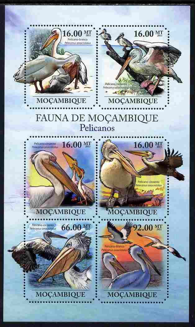 Mozambique 2011 Pelicans perf sheetlet containing 6 octagonal shaped values unmounted mint, stamps on , stamps on  stamps on shaped, stamps on  stamps on birds, stamps on  stamps on pelicans