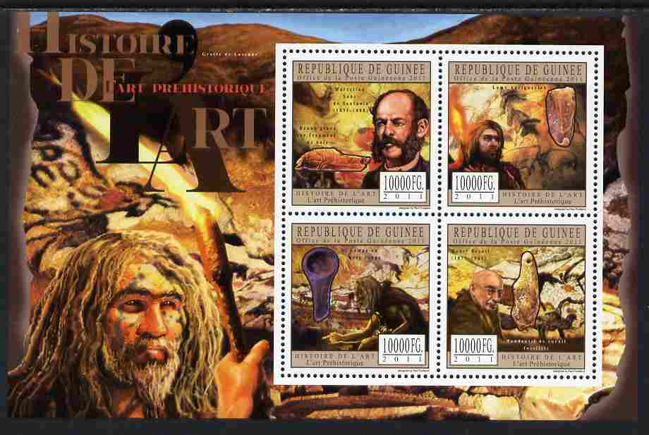 Guinea - Conakry 2011 History of Art - Prehistoric perf sheetlet containing 4 values unmounted mint, stamps on arts, stamps on rock paintings, stamps on cave paintings