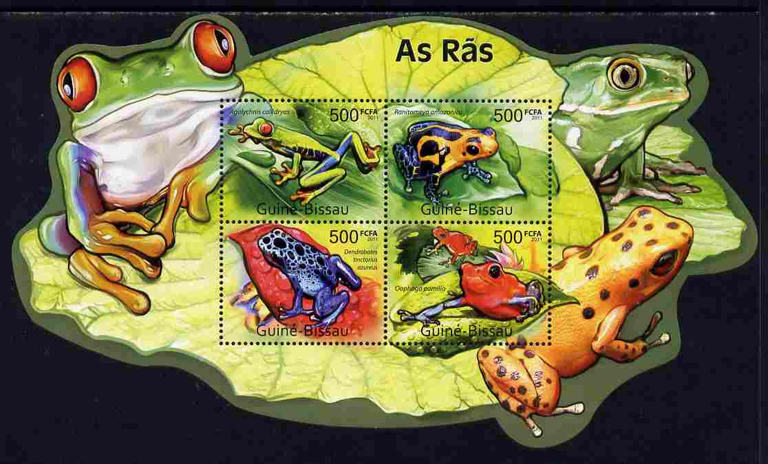 Guinea - Bissau 2011 Frogs special shaped perf sheetlet containing 4 values unmounted mint , stamps on shaped, stamps on frogs