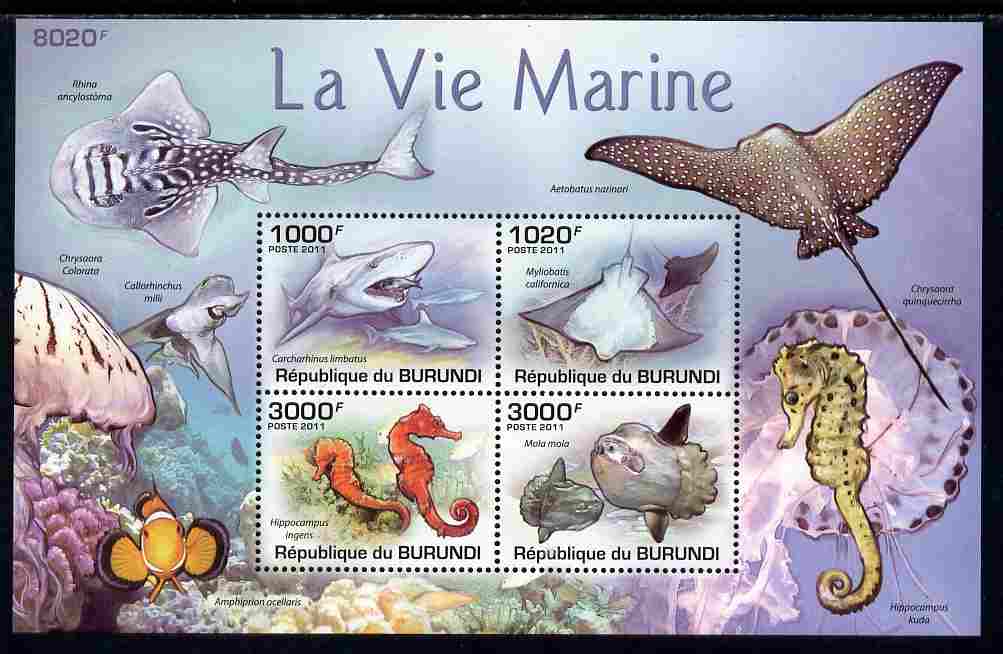 Burundi 2011 Marine Life perf sheetlet containing 4 values unmounted mint , stamps on , stamps on  stamps on marine life, stamps on  stamps on fish, stamps on  stamps on sharks, stamps on  stamps on coral