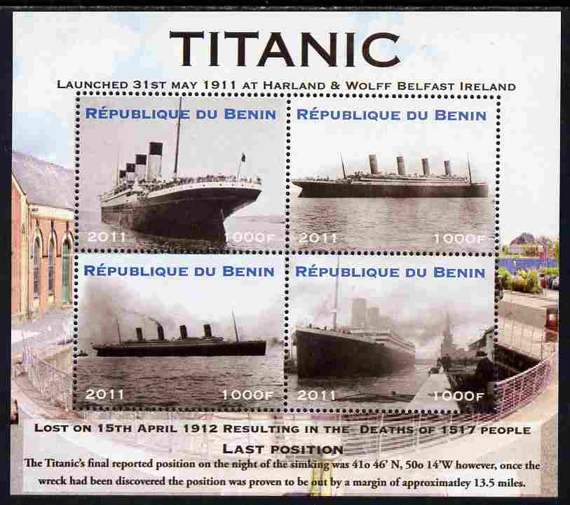 Benin 2011 Titanic #1 perf sheetlet containing 4 values unmounted mint. Note this item is privately produced and is offered purely on its thematic appeal, stamps on , stamps on  stamps on ships, stamps on  stamps on titanic, stamps on  stamps on disasters