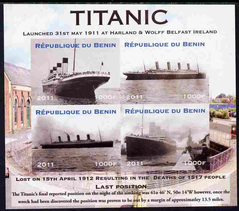 Benin 2011 Titanic #1 imperf sheetlet containing 4 values unmounted mint. Note this item is privately produced and is offered purely on its thematic appeal, stamps on , stamps on  stamps on ships, stamps on  stamps on titanic, stamps on  stamps on disasters