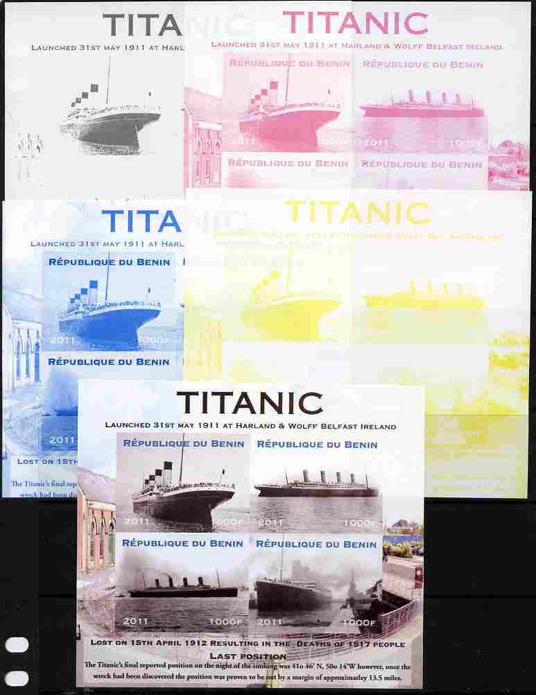 Benin 2011 Titanic #1 sheetlet containing 4 values - the set of 5 imperf progressive proofs comprising the 4 individual colours plus all 4-colour composite, unmounted min..., stamps on ships, stamps on titanic, stamps on disasters