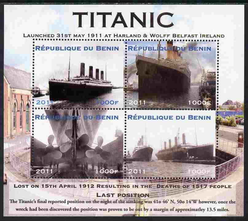 Benin 2011 Titanic #2 perf sheetlet containing 4 values unmounted mint. Note this item is privately produced and is offered purely on its thematic appeal, stamps on , stamps on  stamps on ships, stamps on  stamps on titanic, stamps on  stamps on disasters
