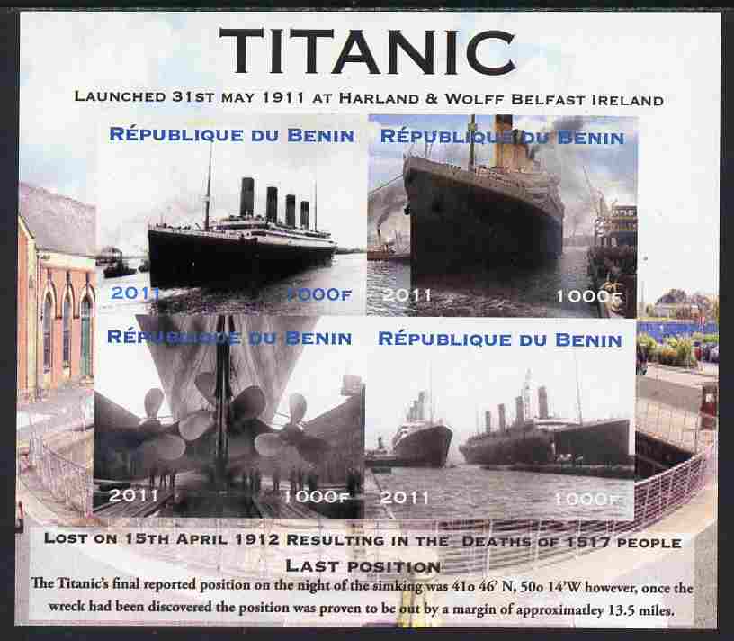 Benin 2011 Titanic #2 imperf sheetlet containing 4 values unmounted mint. Note this item is privately produced and is offered purely on its thematic appeal, stamps on , stamps on  stamps on ships, stamps on  stamps on titanic, stamps on  stamps on disasters