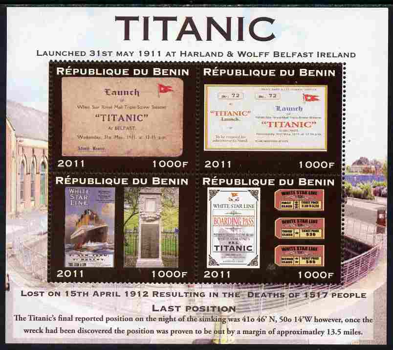 Benin 2011 Titanic #3 perf sheetlet containing 4 values unmounted mint. Note this item is privately produced and is offered purely on its thematic appeal, stamps on ships, stamps on titanic, stamps on disasters