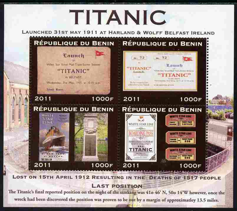 Benin 2011 Titanic #3 perf sheetlet containing 4 values unmounted mint. Note this item is privately produced and is offered purely on its thematic appeal