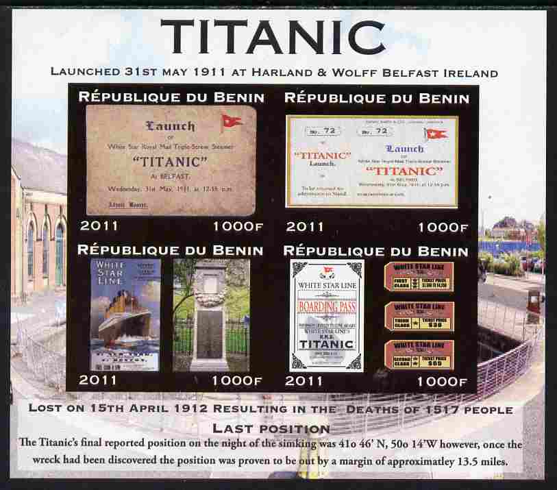 Benin 2011 Titanic #3 imperf sheetlet containing 4 values unmounted mint. Note this item is privately produced and is offered purely on its thematic appeal, stamps on , stamps on  stamps on ships, stamps on  stamps on titanic, stamps on  stamps on disasters