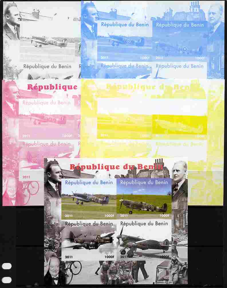 Benin 2011 Aircraft of WW2 (Churchill & Spitfires) sheetlet containing 4 values - the set of 5 imperf progressive proofs comprising the 4 individual colours plus all 4-co...