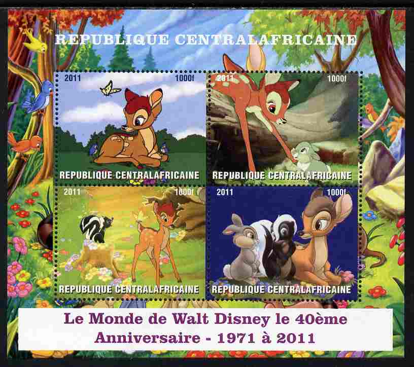 Central African Republic 2011 40th Anniversary of Walt Disney - Bambi #1 perf sheetlet containing 4 values unmounted mint. Note this item is privately produced and is offered purely on its thematic appeal, it has no postal validity, stamps on , stamps on  stamps on disney, stamps on  stamps on cartoons, stamps on  stamps on movies, stamps on  stamps on films, stamps on  stamps on deer