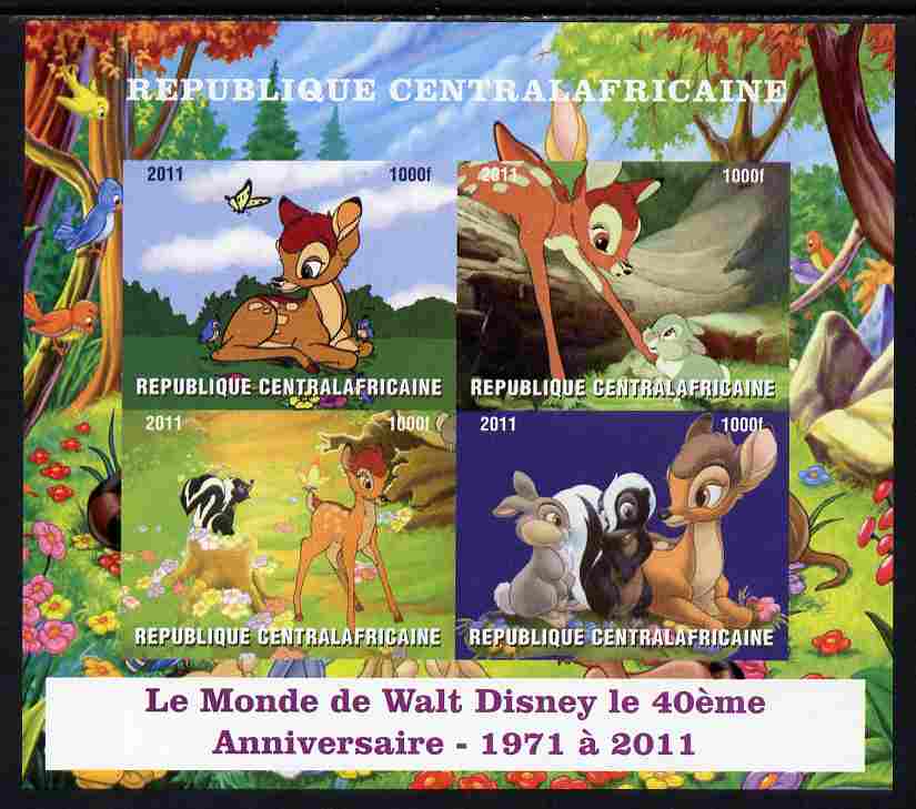 Central African Republic 2011 40th Anniversary of Walt Disney - Bambi #1 imperf sheetlet containing 4 values unmounted mint. Note this item is privately produced and is offered purely on its thematic appeal, it has no postal validity, stamps on , stamps on  stamps on disney, stamps on  stamps on cartoons, stamps on  stamps on movies, stamps on  stamps on films, stamps on  stamps on deer