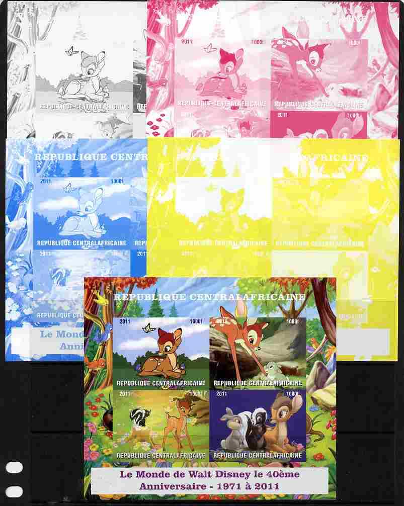 Central African Republic 2011 40th Anniversary of Walt Disney - Bambi #1 sheetlet containing 4 values - the set of 5 imperf progressive proofs comprising the 4 individual colours plus all 4-colour composite, unmounted mint, stamps on , stamps on  stamps on disney, stamps on  stamps on cartoons, stamps on  stamps on movies, stamps on  stamps on films, stamps on  stamps on deer