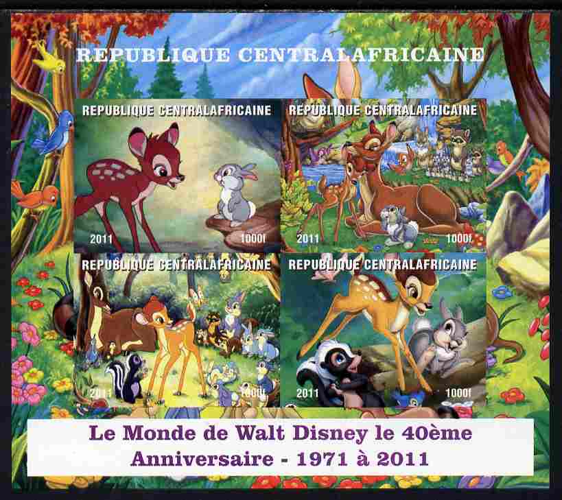 Central African Republic 2011 40th Anniversary of Walt Disney - Bambi #2 imperf sheetlet containing 4 values unmounted mint. Note this item is privately produced and is offered purely on its thematic appeal, it has no postal validity, stamps on , stamps on  stamps on disney, stamps on  stamps on cartoons, stamps on  stamps on movies, stamps on  stamps on films, stamps on  stamps on deer