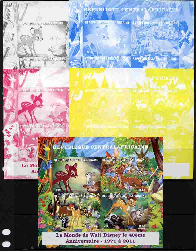 Central African Republic 2011 40th Anniversary of Walt Disney - Bambi #2 sheetlet containing 4 values - the set of 5 imperf progressive proofs comprising the 4 individual colours plus all 4-colour composite, unmounted mint, stamps on , stamps on  stamps on disney, stamps on  stamps on cartoons, stamps on  stamps on movies, stamps on  stamps on films, stamps on  stamps on deer