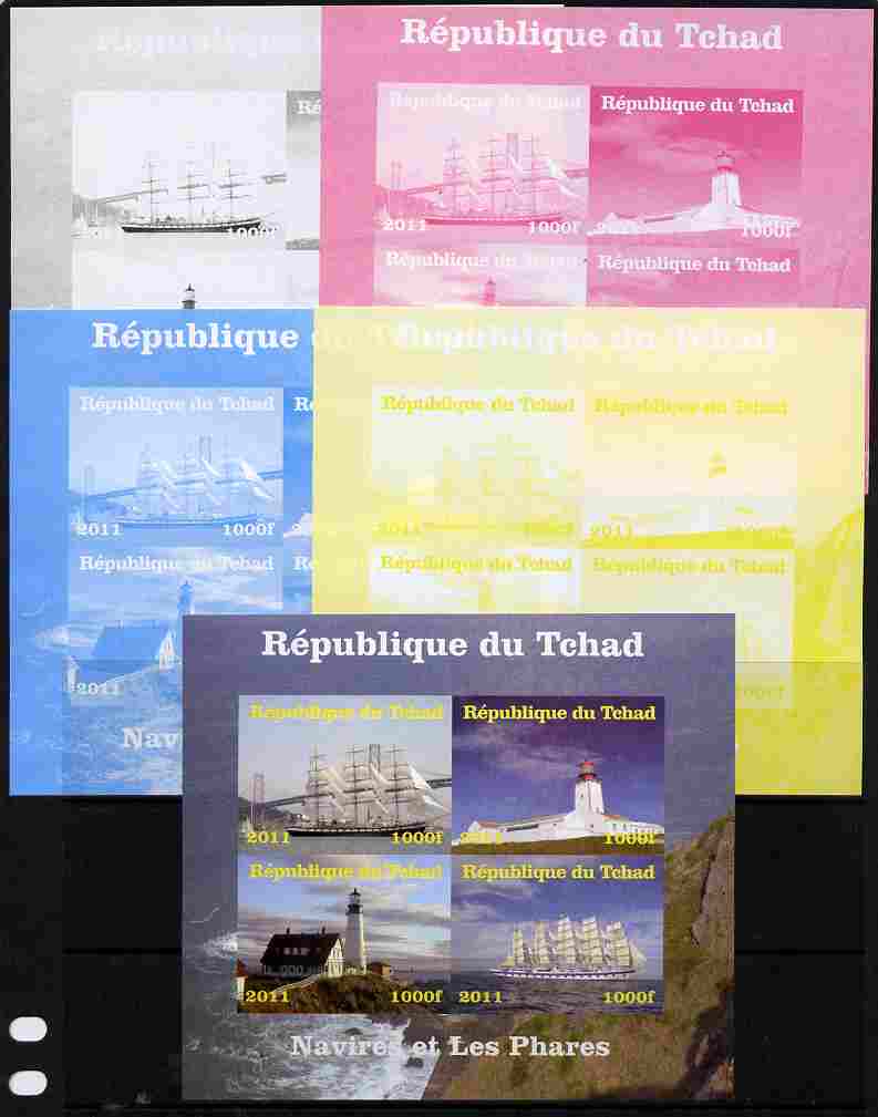 Chad 2011 Ships & Lighthouses sheetlet containing 4 values - the set of 5 imperf progressive proofs comprising the 4 individual colours plus all 4-colour composite, unmounted mint, stamps on , stamps on  stamps on ships.lighthouses, stamps on  stamps on bridges