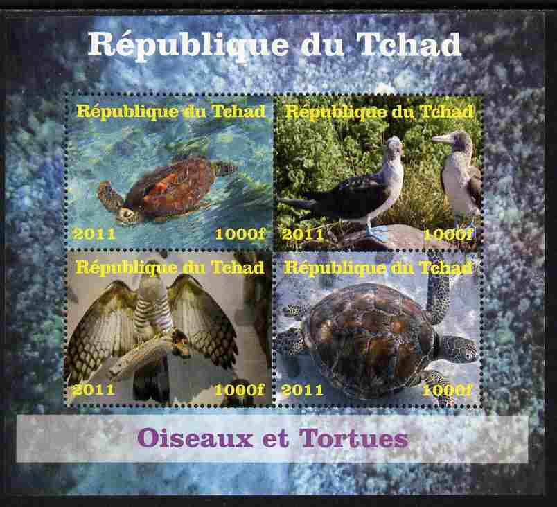 Chad 2011 Birds & Turtles perf sheetlet containing 4 values unmounted mint. Note this item is privately produced and is offered purely on its thematic appeal, stamps on , stamps on  stamps on birds, stamps on  stamps on turtles, stamps on  stamps on birds of prey