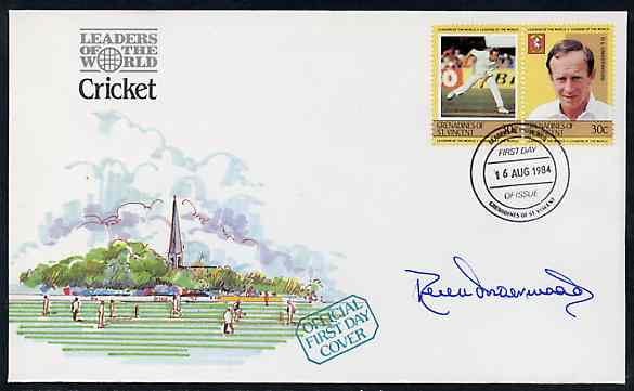 St Vincent - Grenadines 1984 Cricketers #1 D Underwood 30c se-tenant pair (SG 297a) on illustrated cover with first day cancel signed by Underwood, stamps on sport   cricket