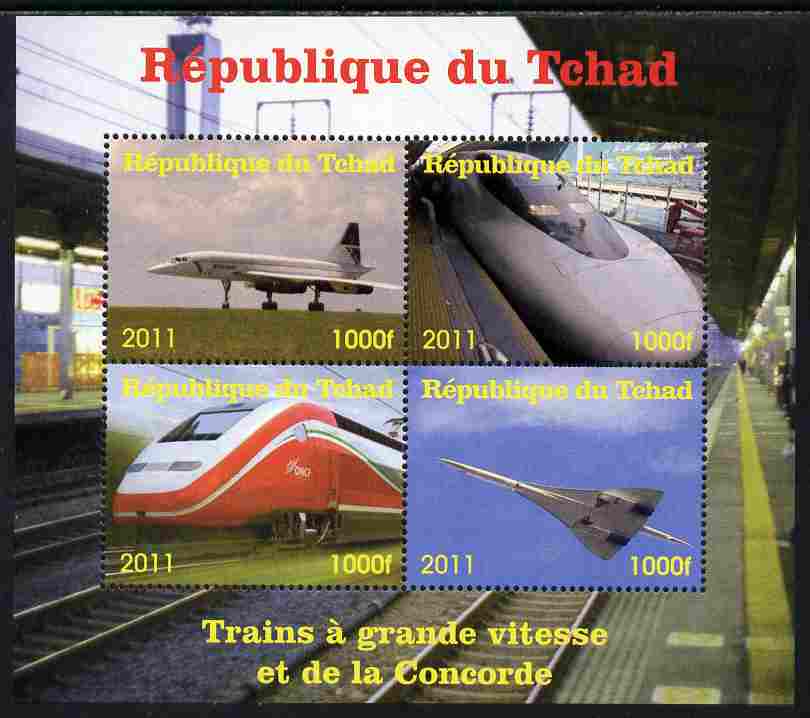 Chad 2011 Trains & Concorde perf sheetlet containing 4 values unmounted mint. Note this item is privately produced and is offered purely on its thematic appeal, stamps on , stamps on  stamps on railways, stamps on  stamps on aviation, stamps on  stamps on concorde