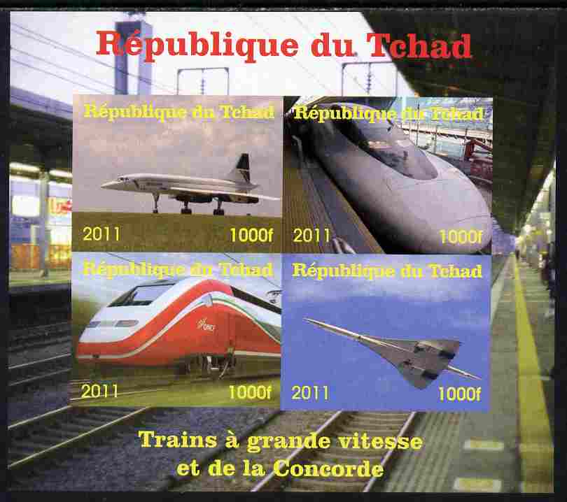 Chad 2011 Trains & Concorde imperf sheetlet containing 4 values unmounted mint. Note this item is privately produced and is offered purely on its thematic appeal, stamps on , stamps on  stamps on railways, stamps on  stamps on aviation, stamps on  stamps on concorde