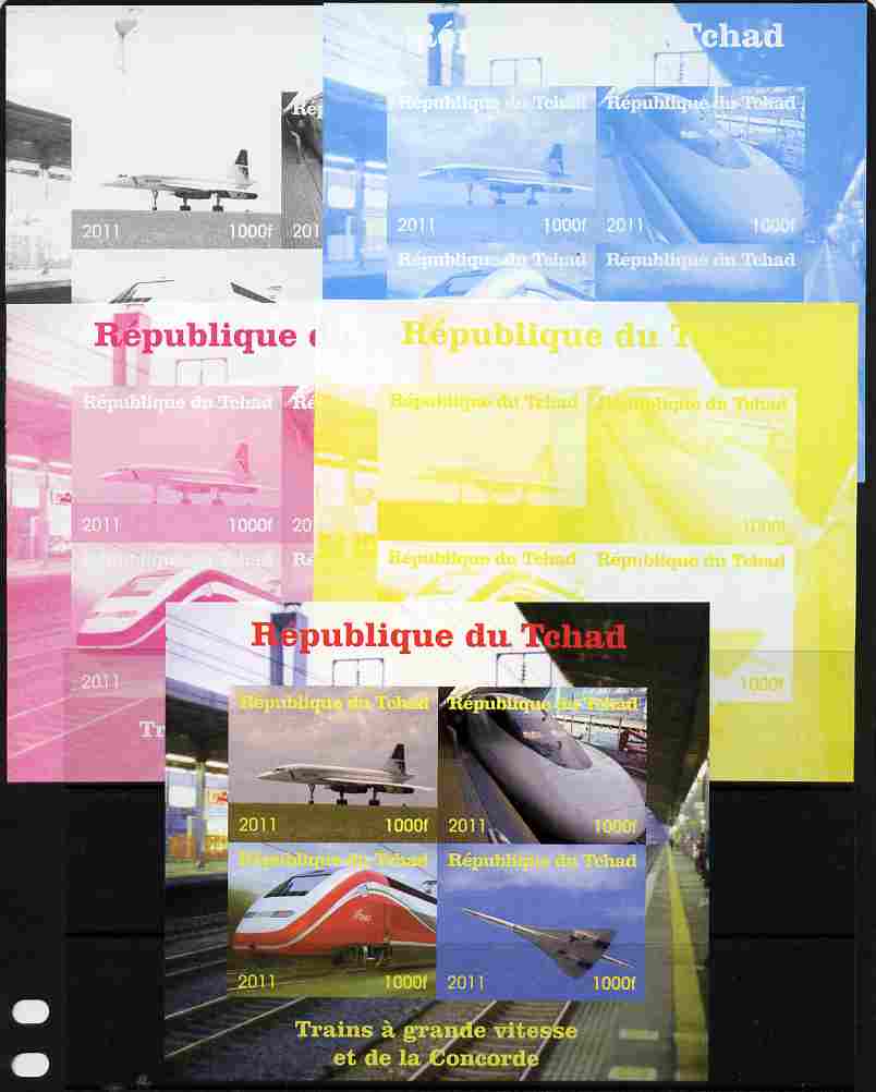 Chad 2011 Trains & Concorde sheetlet containing 4 values - the set of 5 imperf progressive proofs comprising the 4 individual colours plus all 4-colour composite, unmount..., stamps on railways, stamps on aviation, stamps on concorde