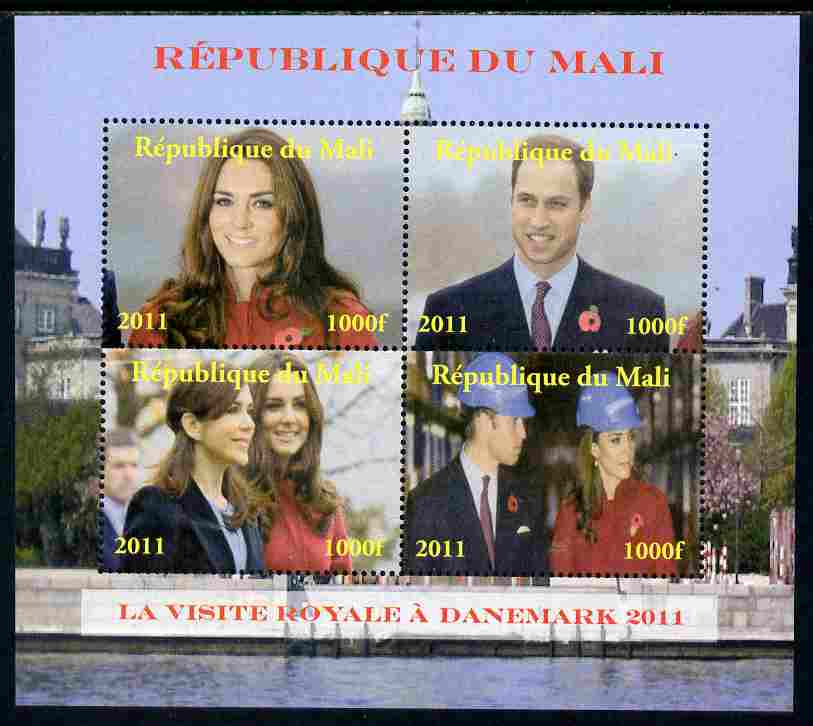 Mali 2011 Royal Visit - William & Kate Visit to Denmark #1 perf sheetlet containing 4 values unmounted mint. Note this item is privately produced and is offered purely on..., stamps on royalty, stamps on royal visit, stamps on william, stamps on kate