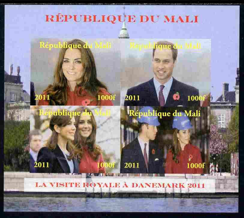 Mali 2011 Royal Visit - William & Kate Visit to Denmark #1 imperf sheetlet containing 4 values unmounted mint. Note this item is privately produced and is offered purely on its thematic appeal, it has no postal validity, stamps on , stamps on  stamps on royalty, stamps on  stamps on royal visit, stamps on  stamps on william, stamps on  stamps on kate