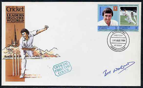 St Vincent - Grenadines 1984 Cricketers #1 R A Woolmer 1c se-tenant pair (SG 291a) on illustrated cover with first day cancel signed by Woolmer, stamps on , stamps on  stamps on sport   cricket