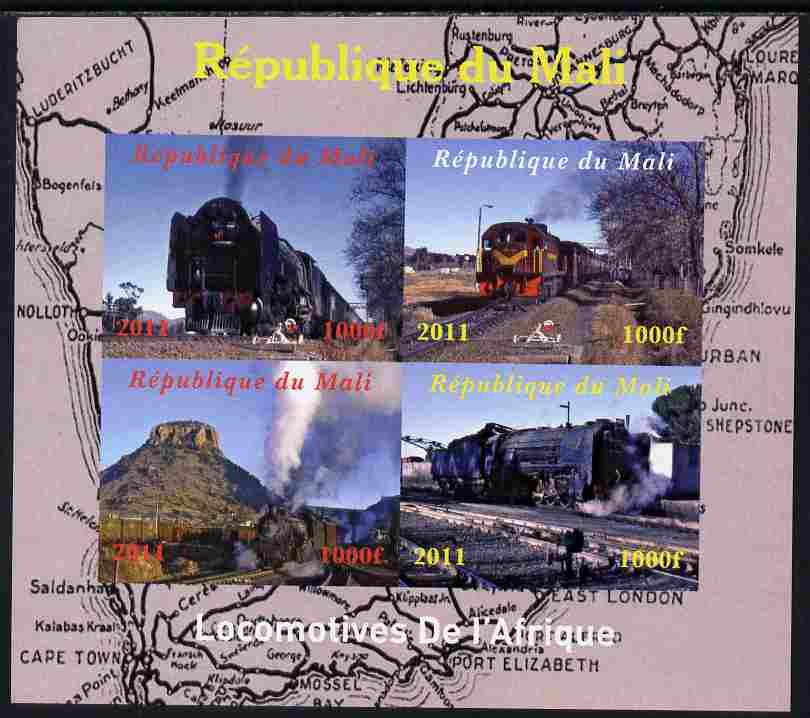 Mali 2011 Trains of Africa imperf sheetlet containing 4 values unmounted mint. Note this item is privately produced and is offered purely on its thematic appeal, it has n..., stamps on railways