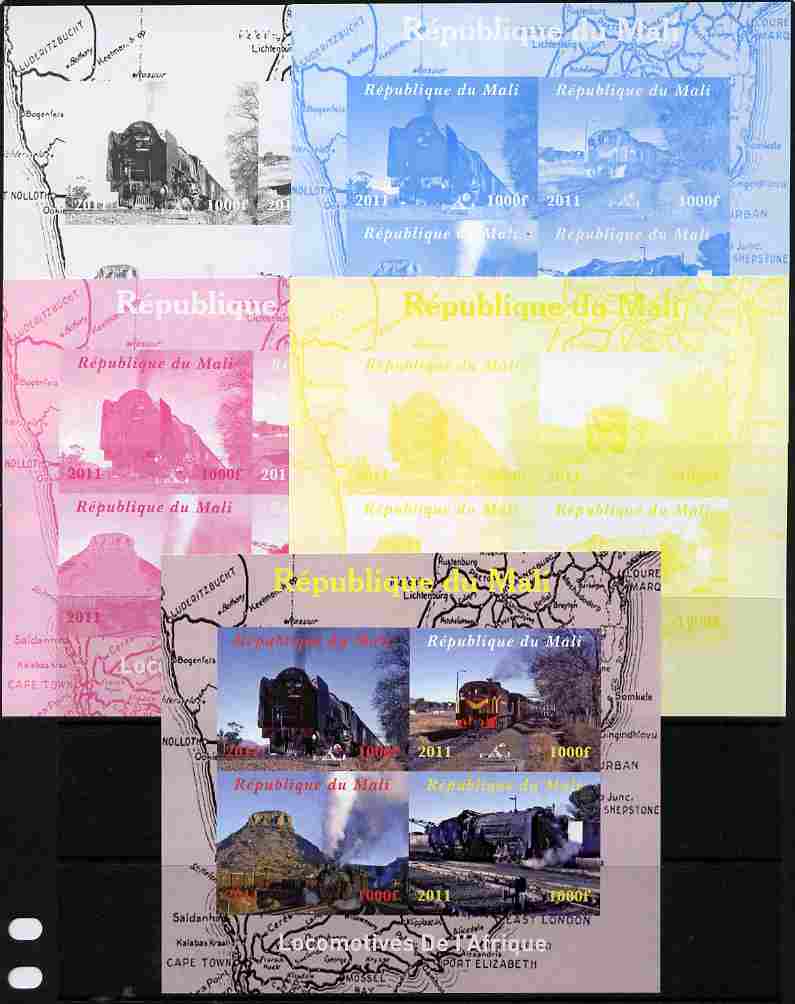 Mali 2011 Trains of Africa sheetlet containing 4 values - the set of 5 imperf progressive proofs comprising the 4 individual colours plus all 4-colour composite, unmounted mint, stamps on railways