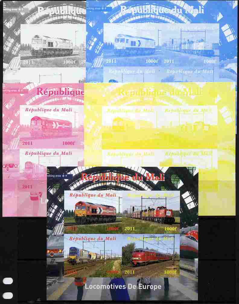 Mali 2011 Trains of Europe sheetlet containing 4 values - the set of 5 imperf progressive proofs comprising the 4 individual colours plus all 4-colour composite, unmounted mint, stamps on , stamps on  stamps on railways