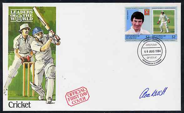 St Vincent - Grenadines 1984 Cricketers #1 A P E Knott $2.00 se-tenant pair (SG 303a) on illustrated cover with first day cancel signed by Knott