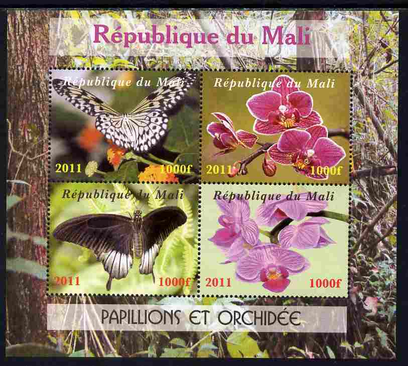 Mali 2011 Butterflies & Orchids perf sheetlet containing 4 values unmounted mint. Note this item is privately produced and is offered purely on its thematic appeal, it ha..., stamps on butterflies, stamps on flowers, stamps on orchids